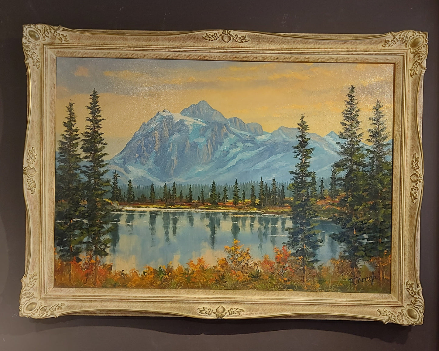 R. Kragh framed oil painting of mountain on canvas