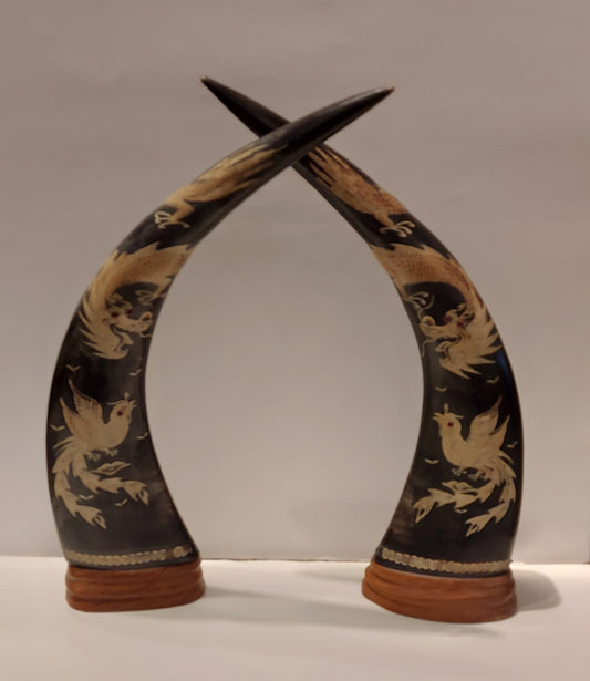 Pair of carved, decorated water buffalo horns