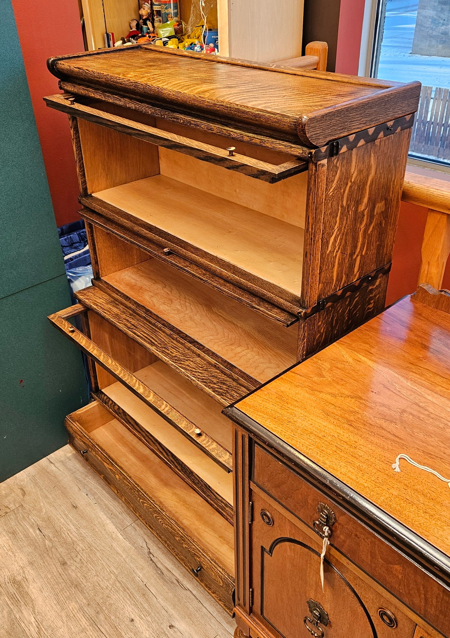 Lawyer's bookcase, oak, 3 tier with drawer, Macey