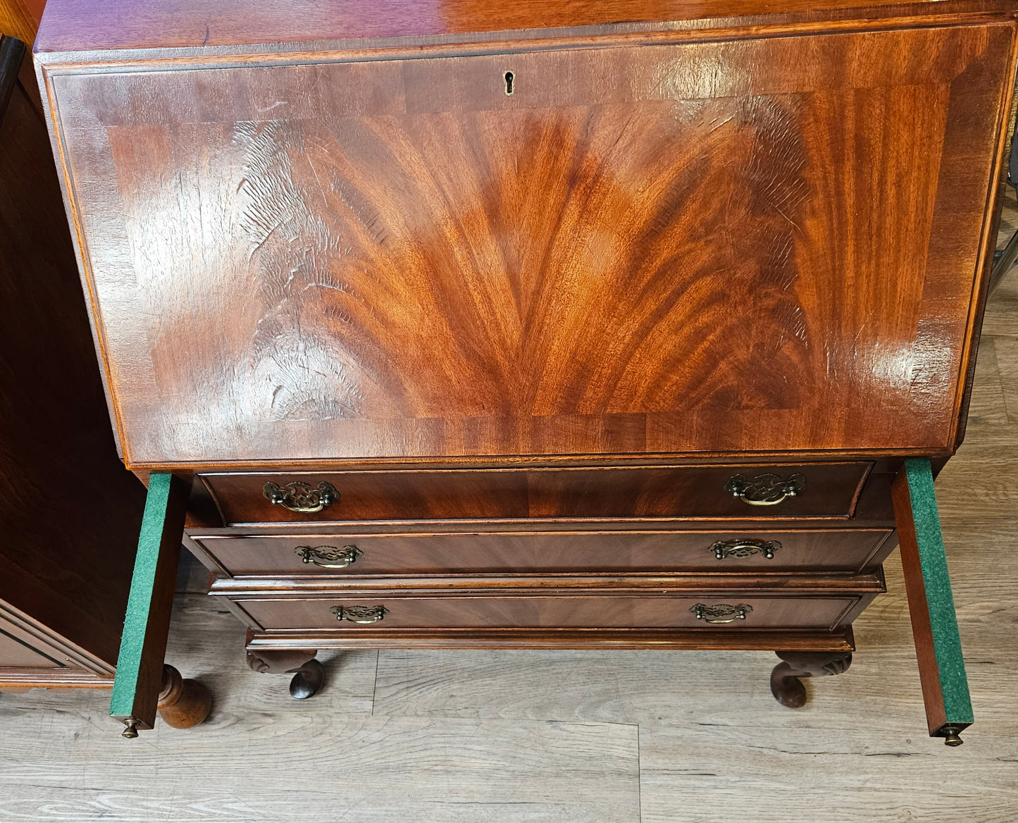 Mahogany drop-front desk, four drawers