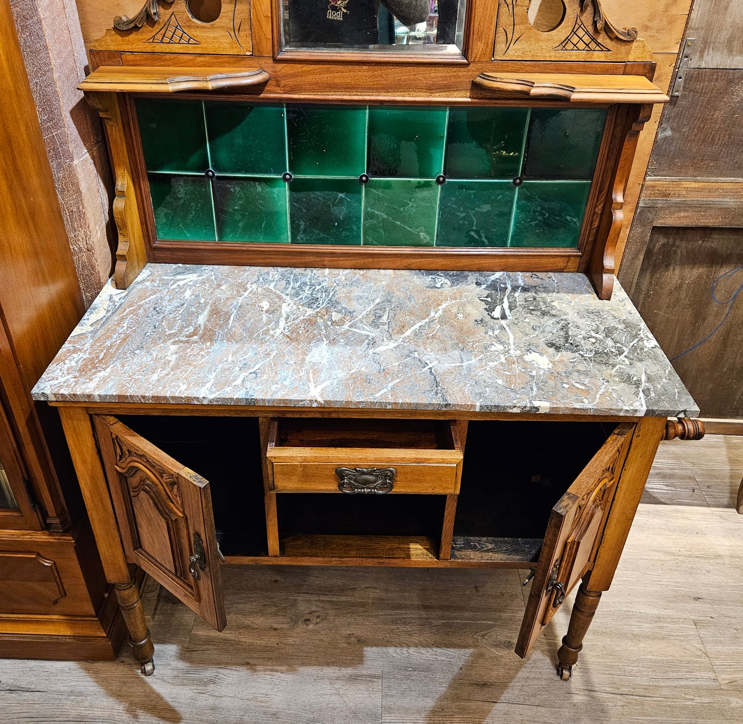 Antique marble top wash stand on wheels