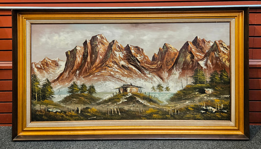Framed painting - mountain scene with cabin - Grody