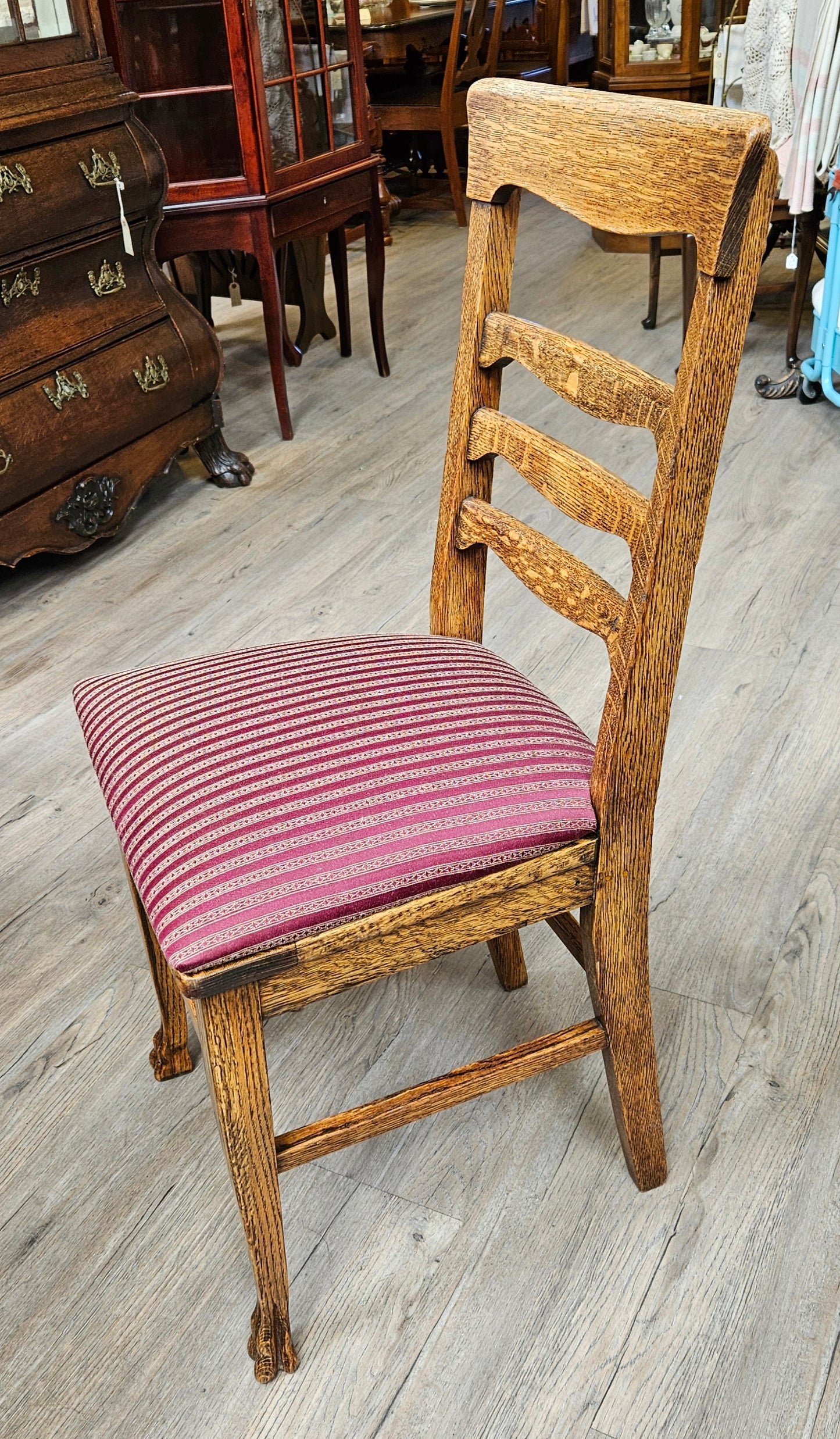 Set of 6 oak chairs, burgundy upholstery