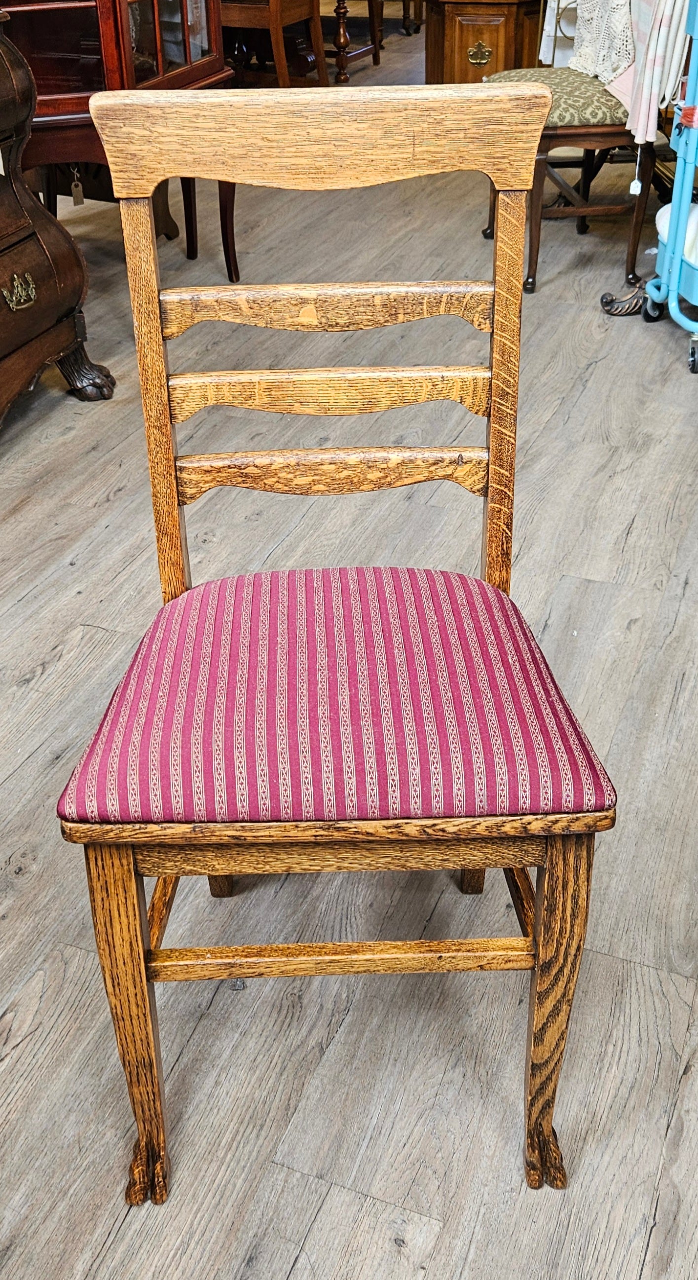 Set of 6 oak chairs, burgundy upholstery