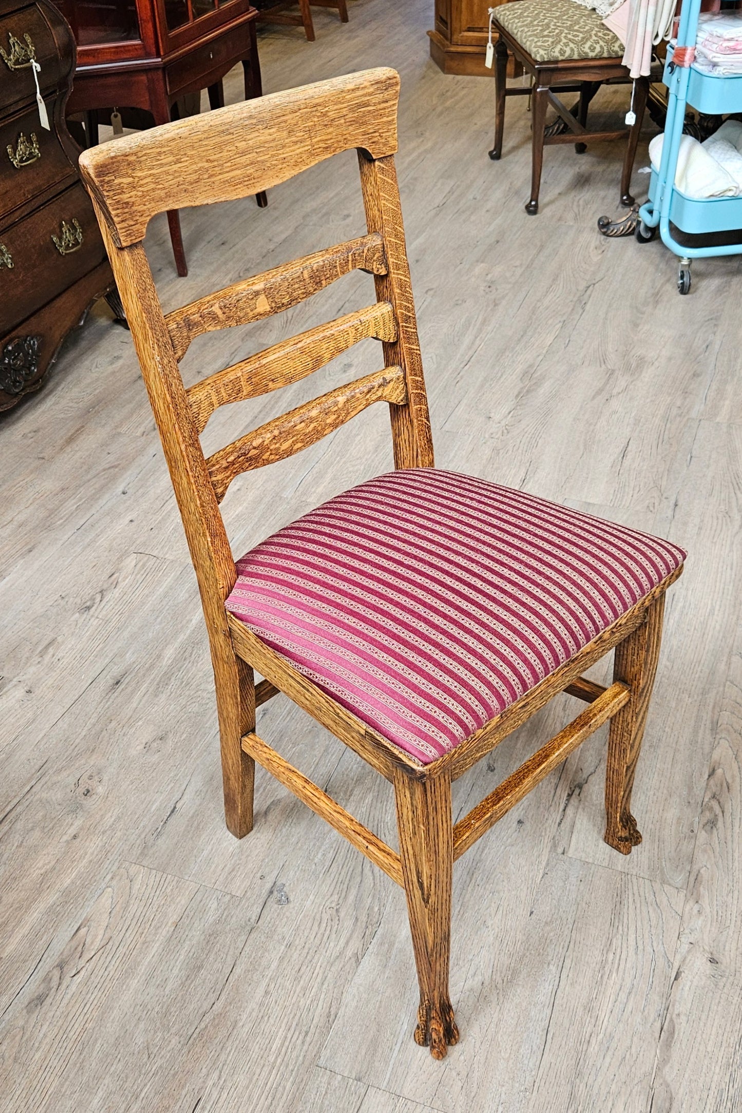 Set of 6 oak chairs, burgundy upholstery