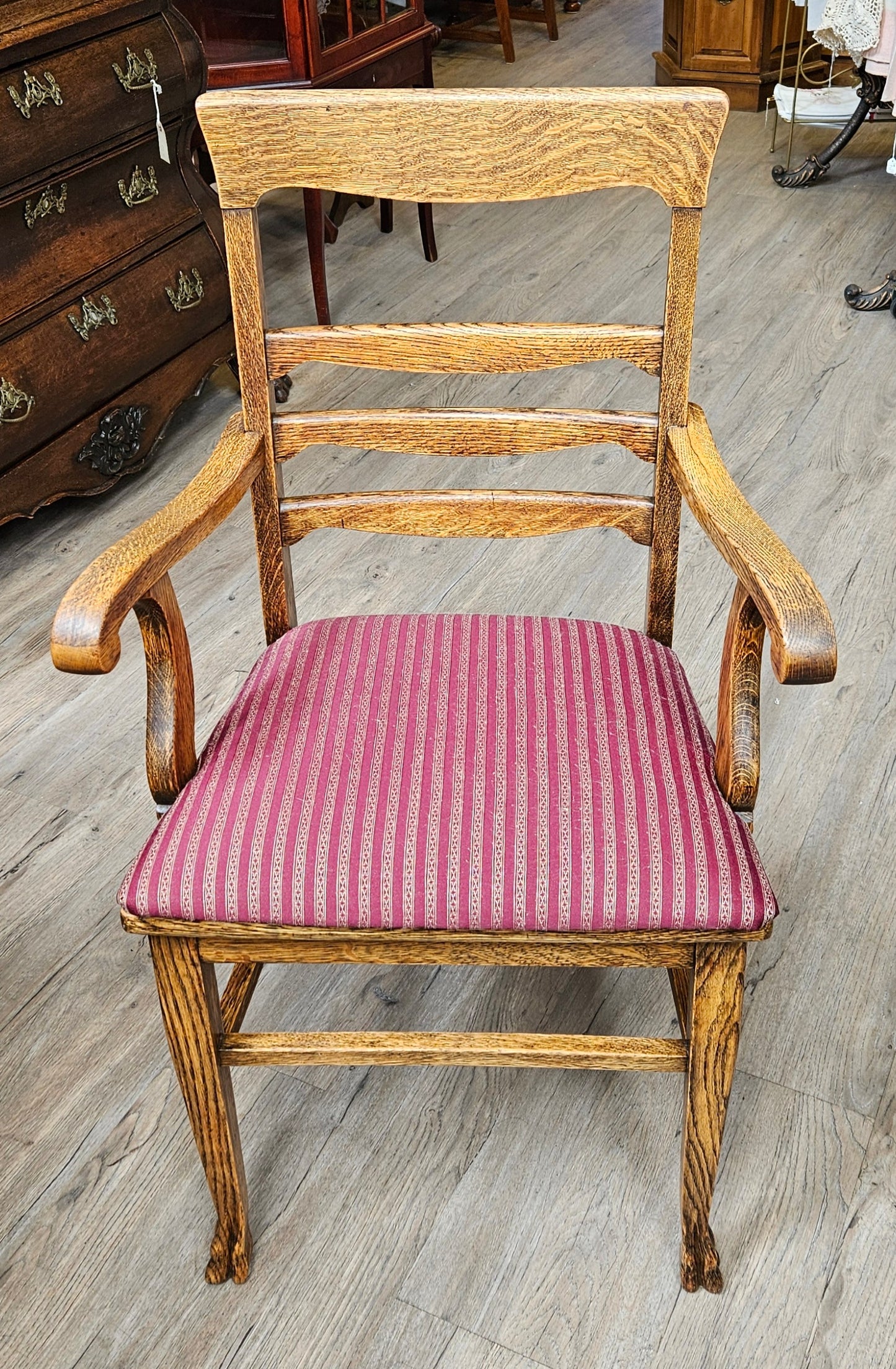 Set of 6 oak chairs, burgundy upholstery