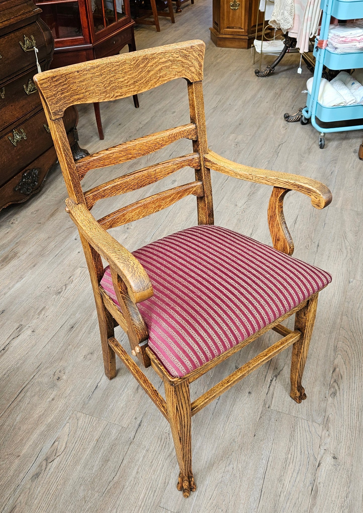 Set of 6 oak chairs, burgundy upholstery