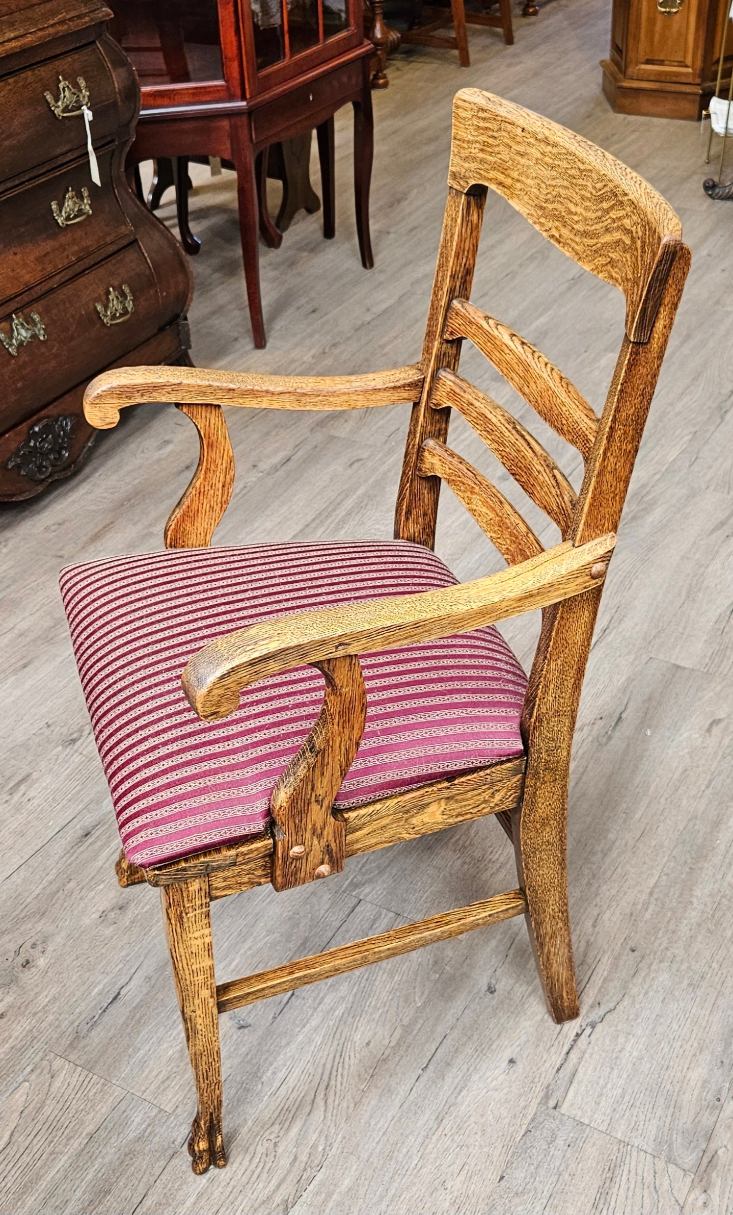 Set of 6 oak chairs, burgundy upholstery