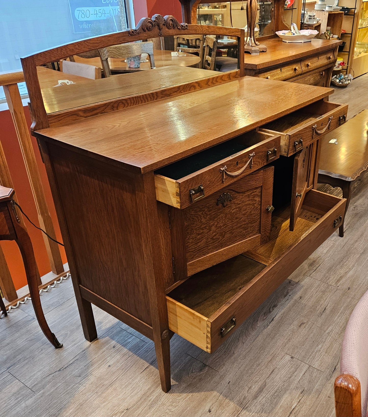 Sideboard with mirrored backsplash, solid oak