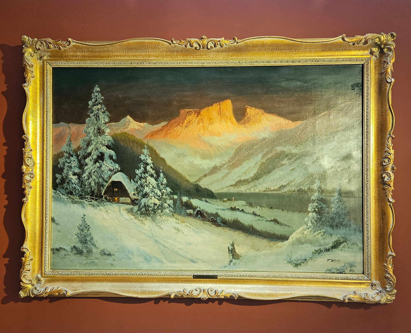 Framed oil painting on canvas, signed F Willis - mountain and cabin scene