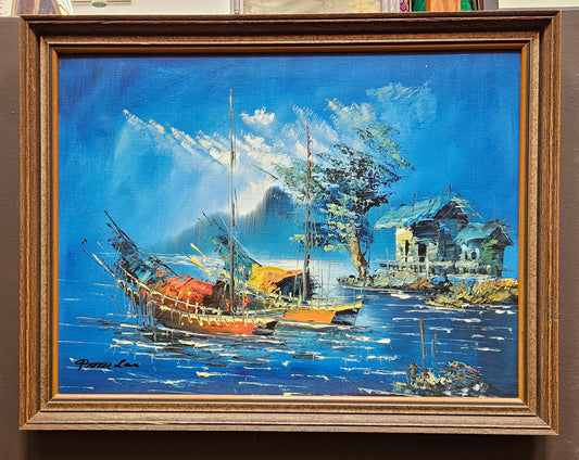 Oil/acrylic painting signed Peter Lau - boats