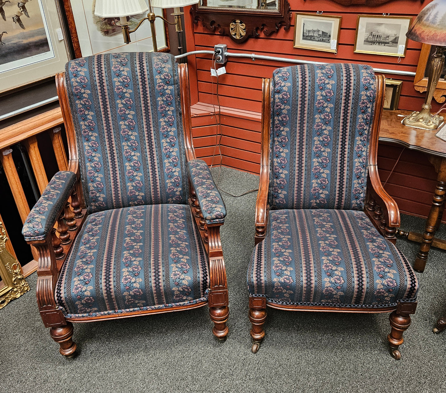 Pair of Victorian chairs on wheels, dark green striped upholstery