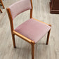 Set of 6 teak chairs, low back, pink seats