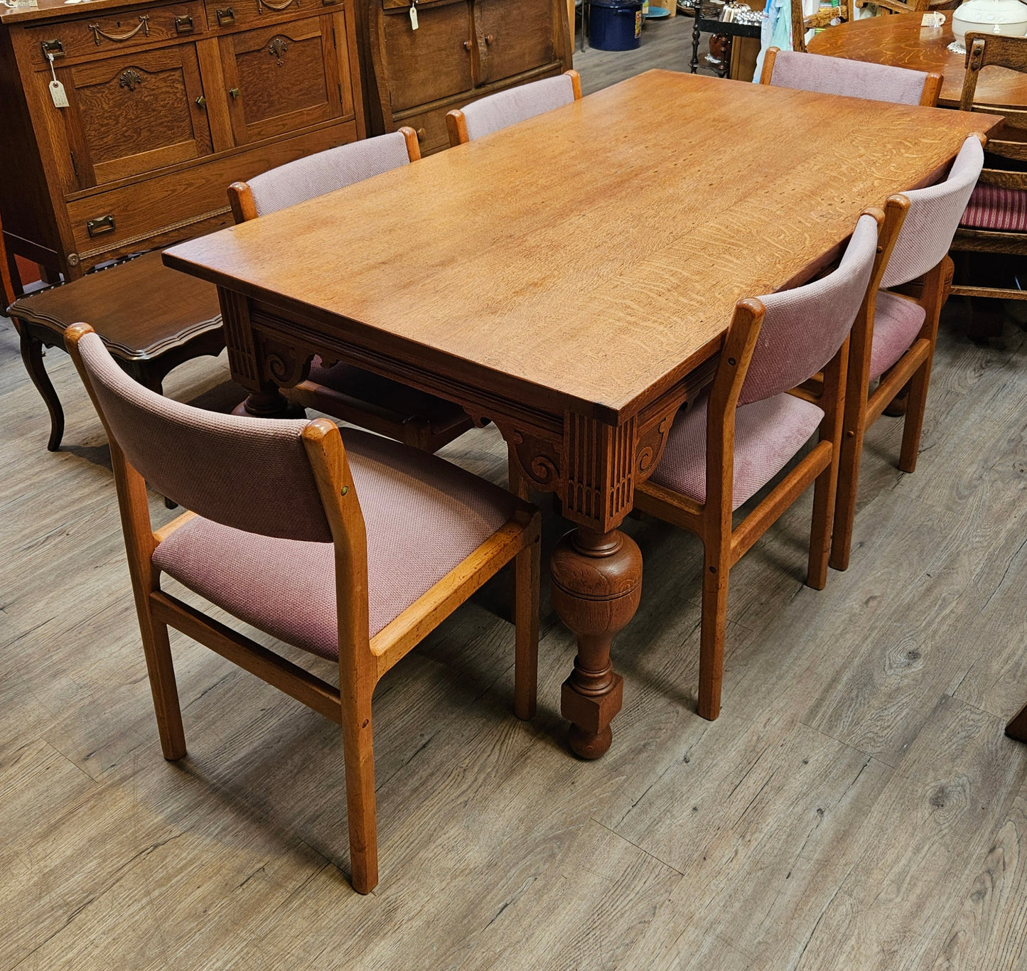 Set of 6 teak chairs, low back, pink seats