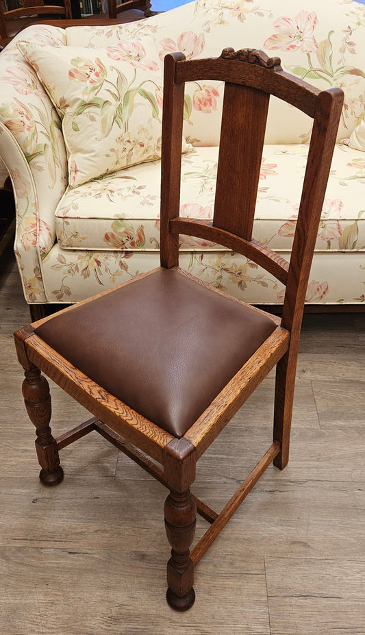 Oak chairs, brown leather seats, set of 4