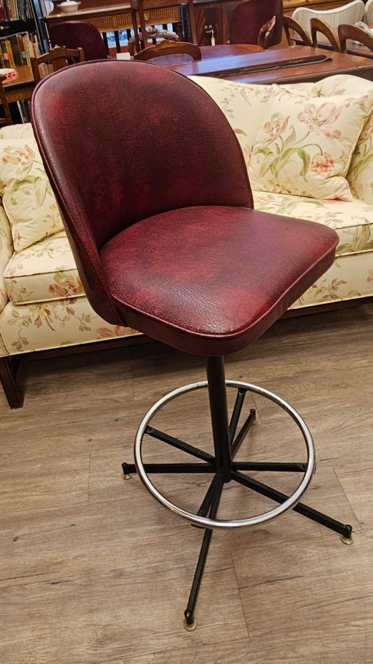 Bar stool, black metal stand, burgundy faux leather seat