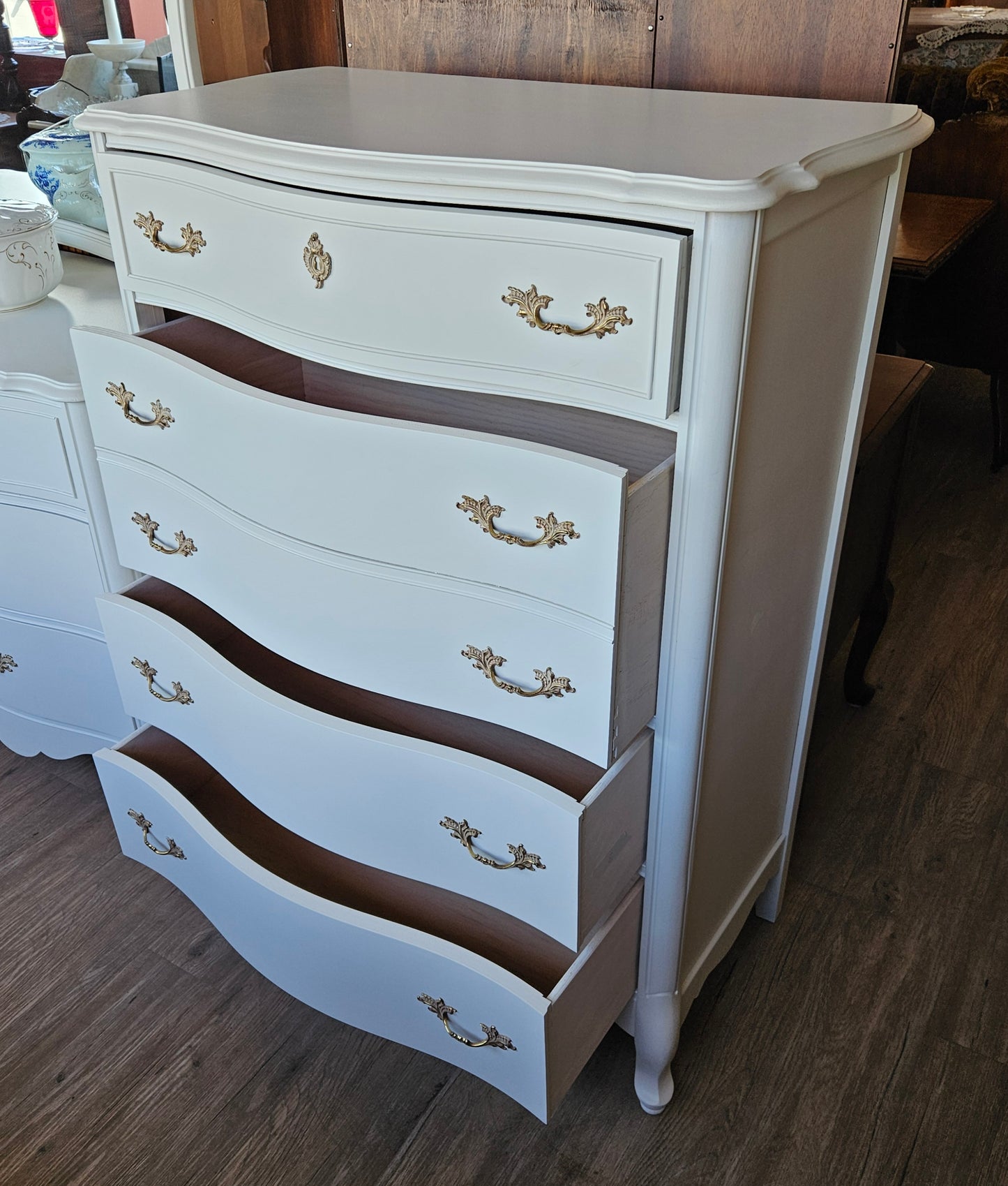 Highboy chest of 4 drawers painted white