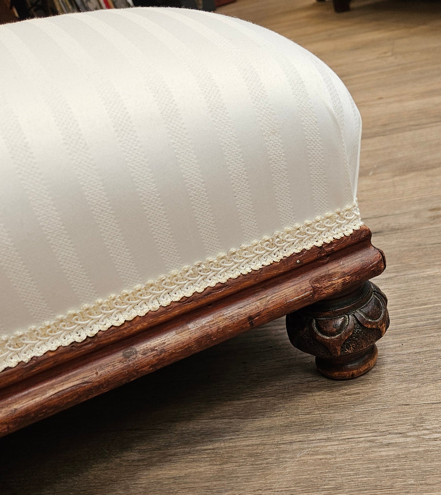 Low white upholstered fireside bench