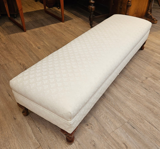 Antique fireside bench, white upholstery