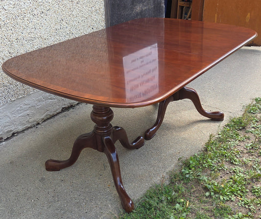 Strathroy dining table with 3 leaves, 8 chairs