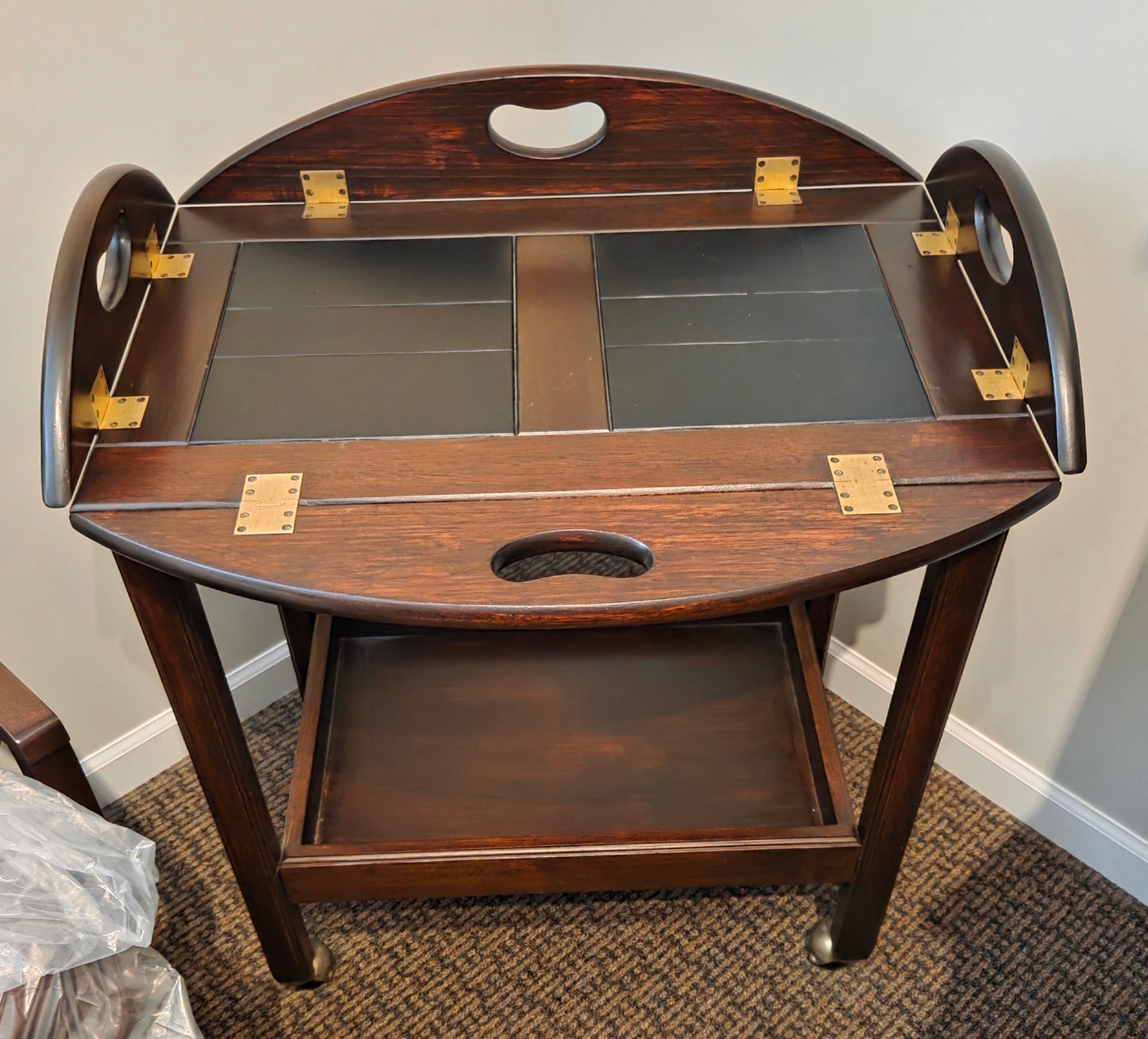 Bar cart on wheels, flip out side flaps