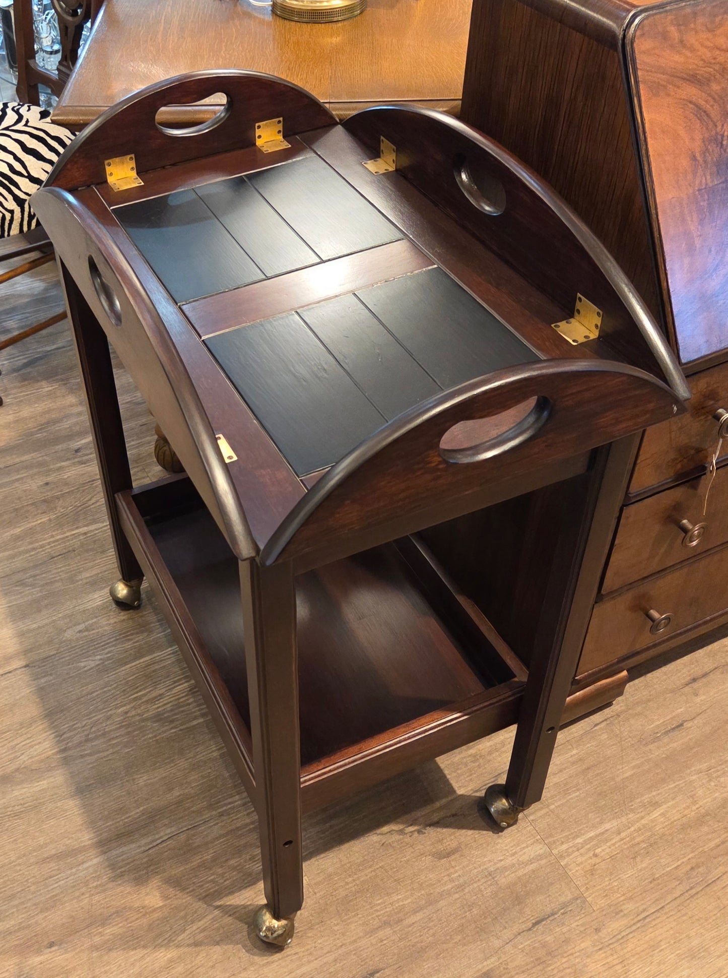 Bar cart on wheels, flip out side flaps