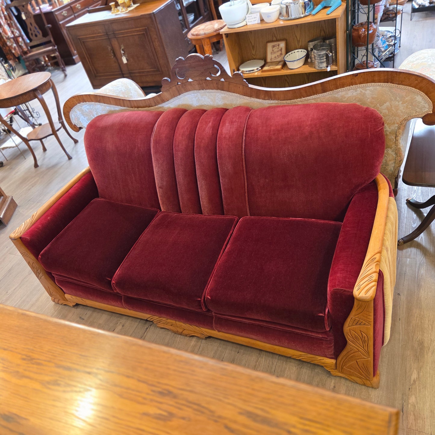 Art deco sofa, burgundy upholstery