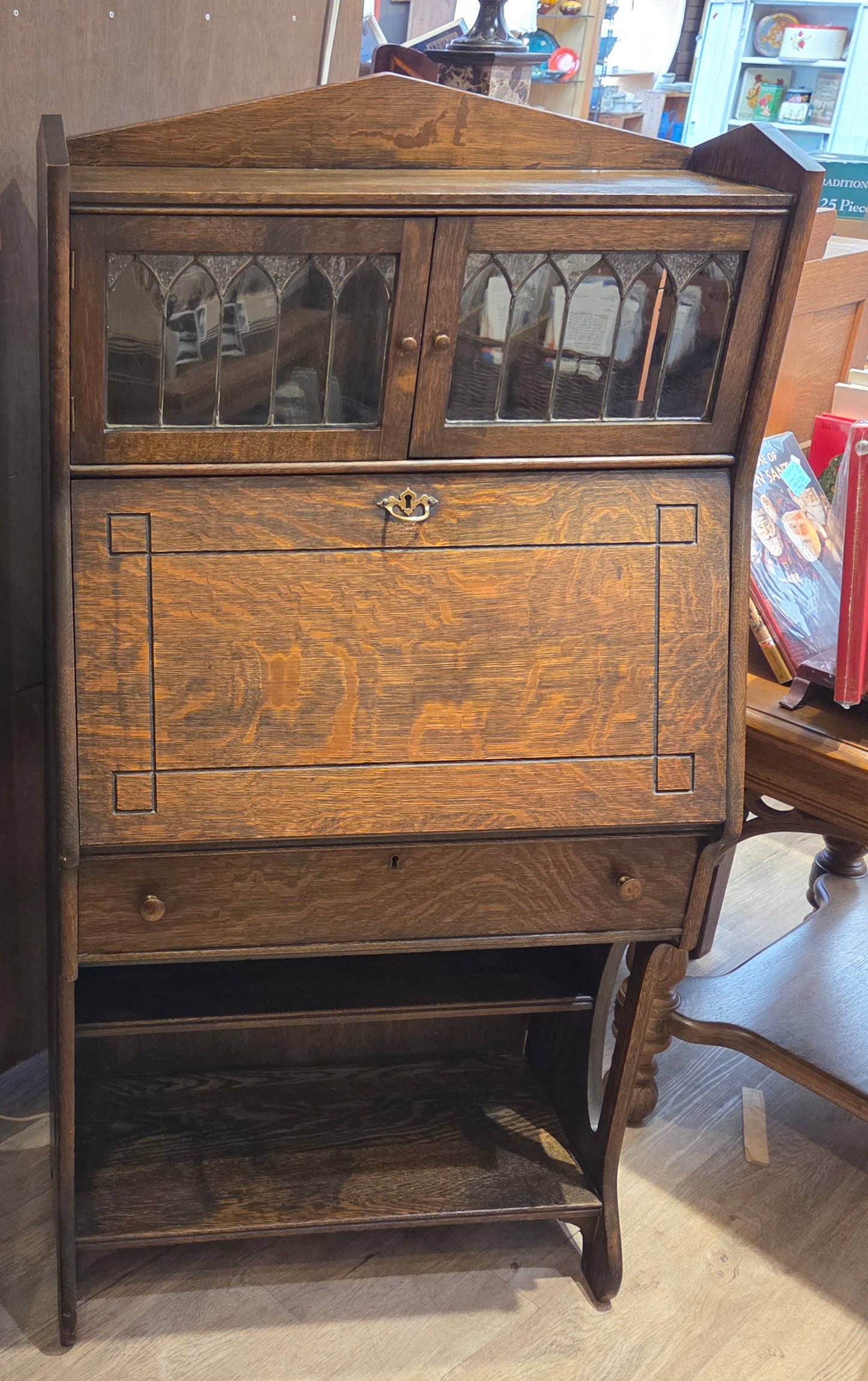 High back dark tiger oak drop-front desk