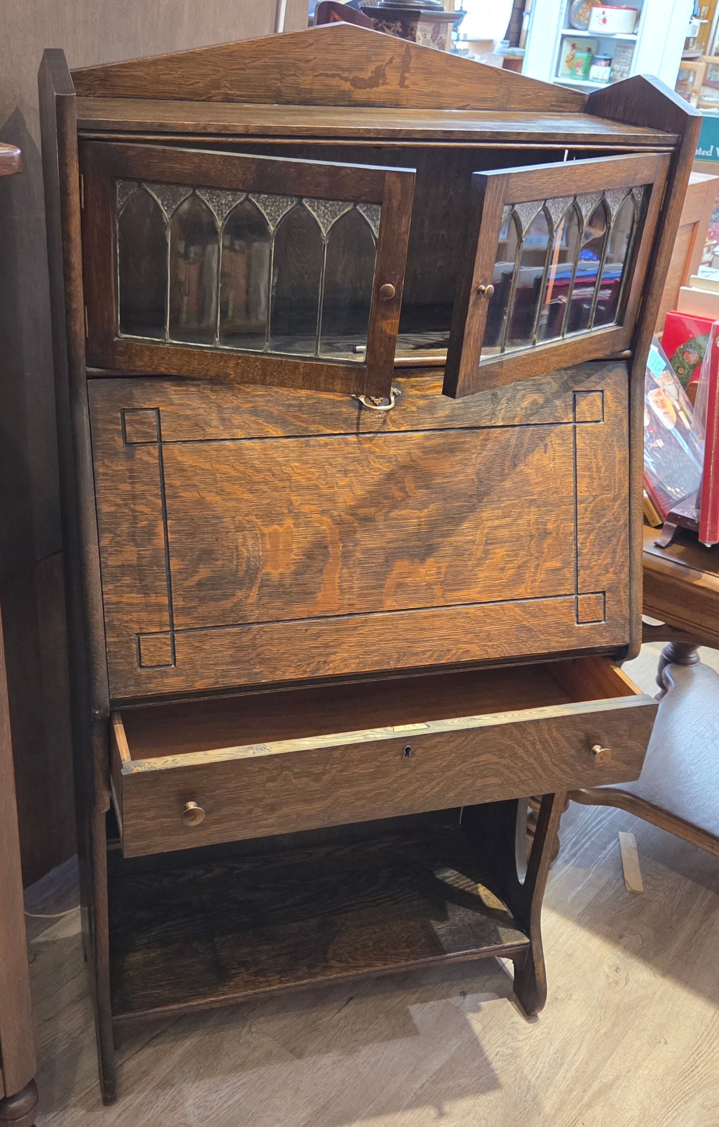 High back dark tiger oak drop-front desk