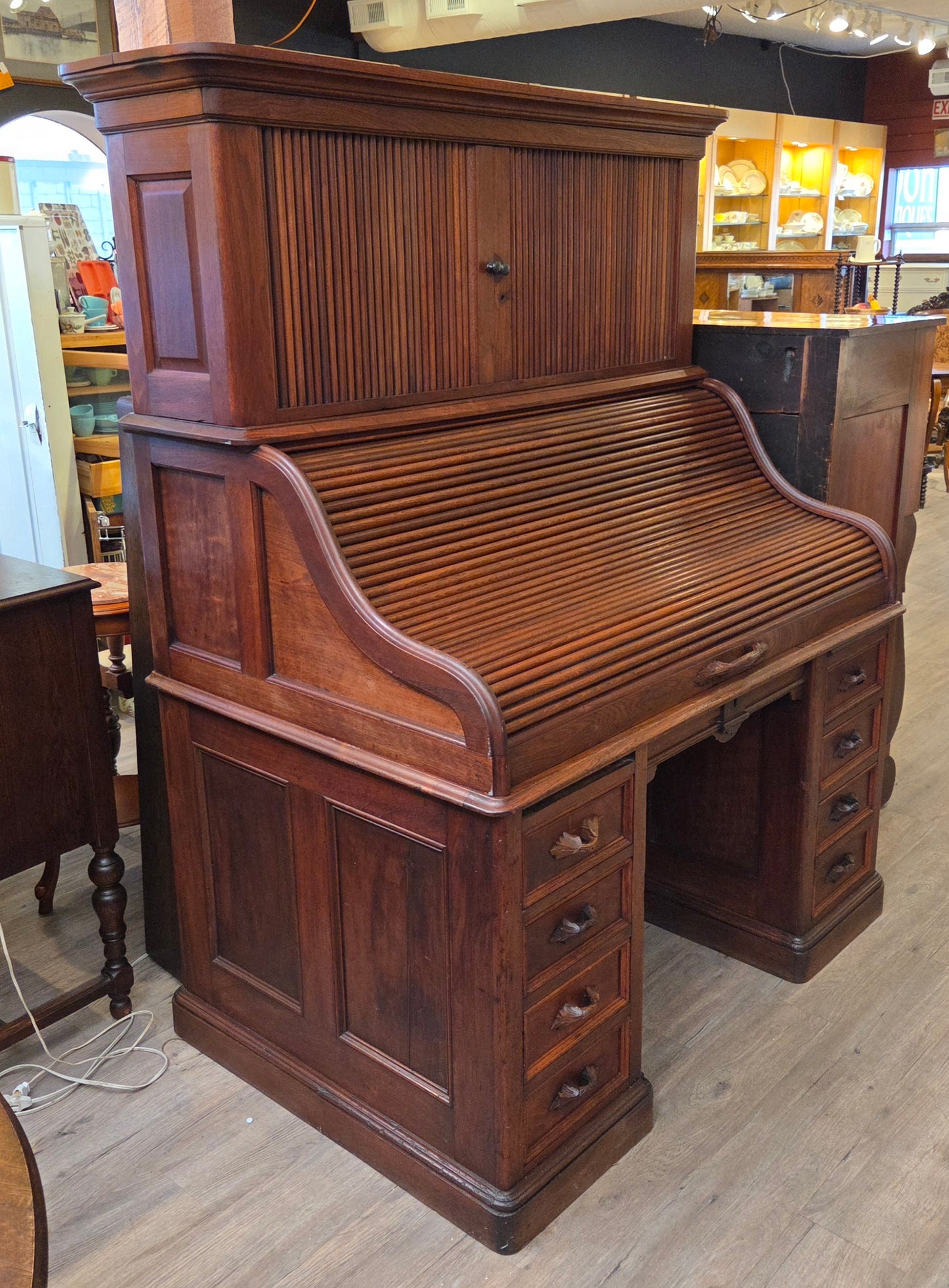 Antique Victorian oak rolltop desk, tambour doors above