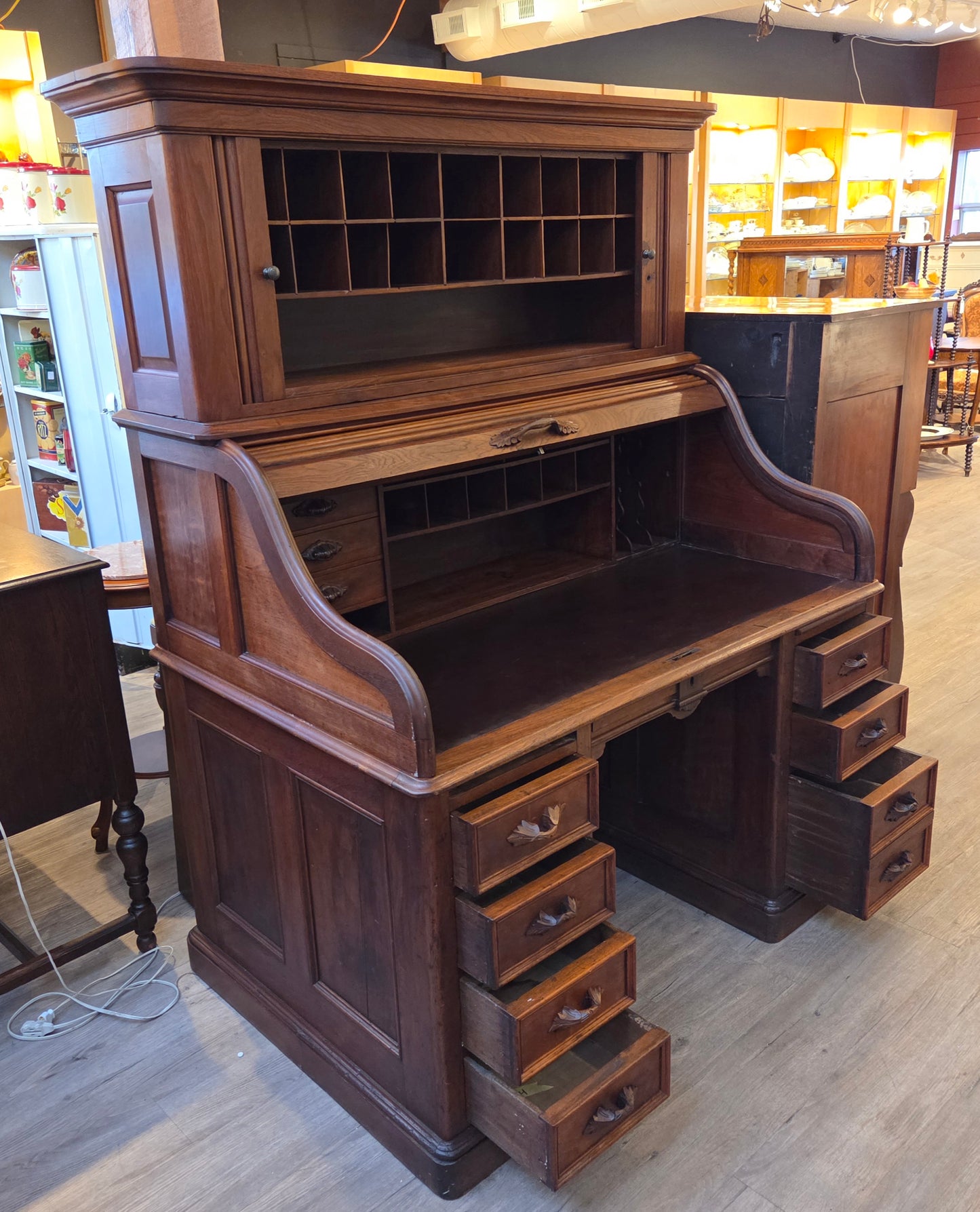 Antique Victorian oak rolltop desk, tambour doors above