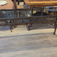 Sofa table, bronzed iron frame, bevelled glass top
