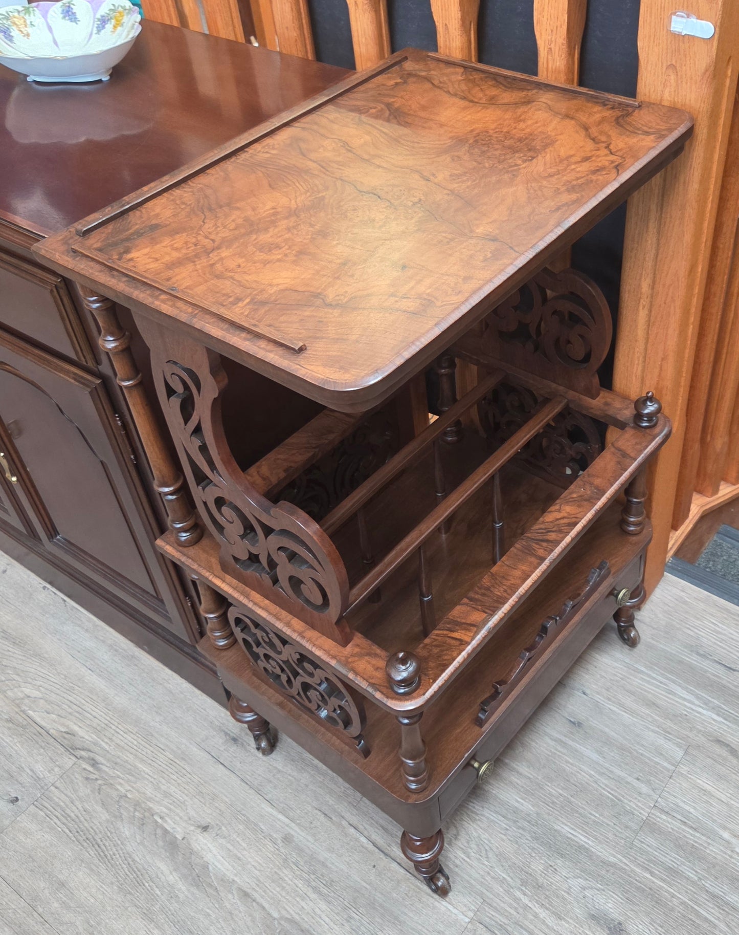 Victorian Canterbury stand, burled walnut