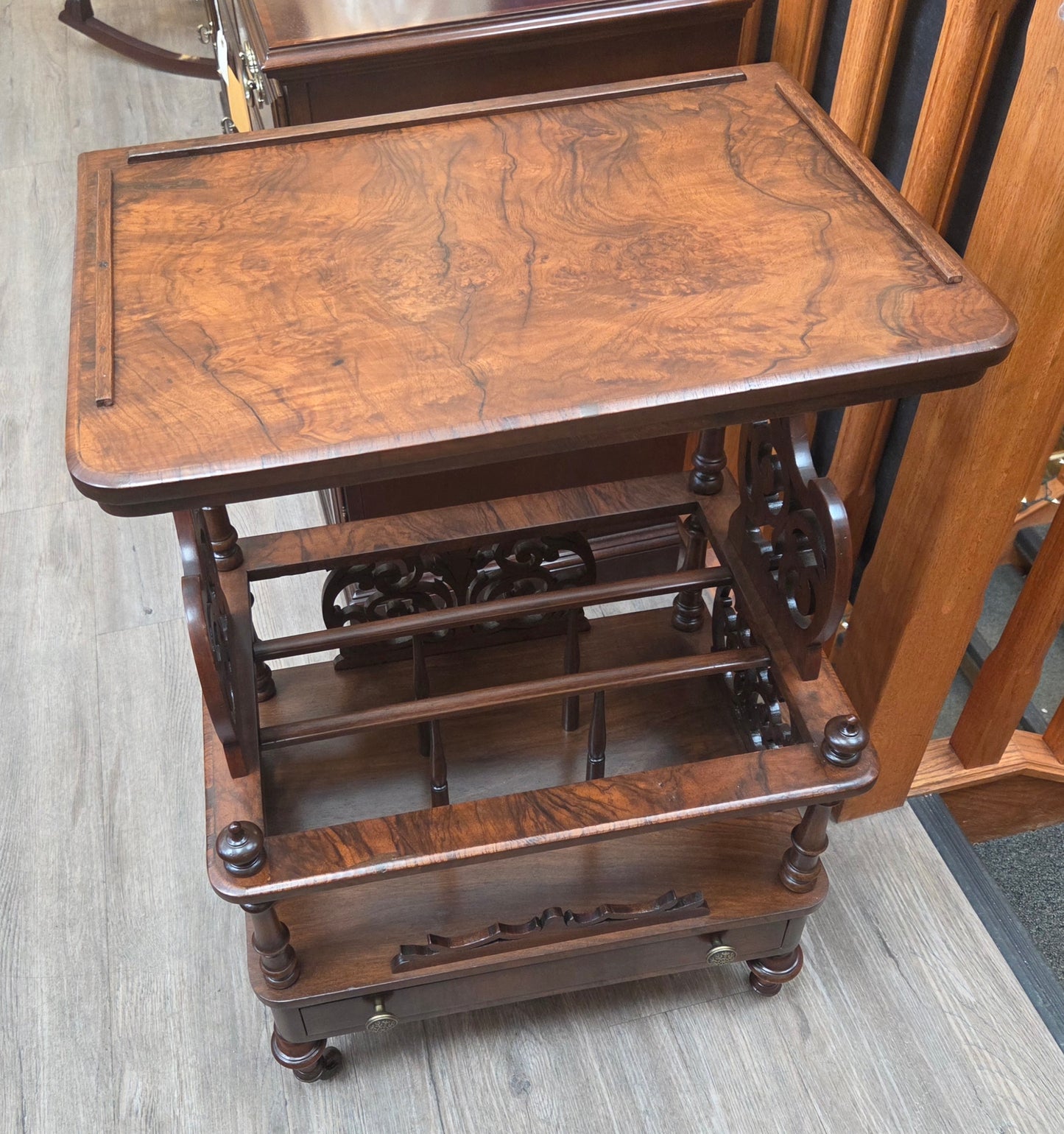 Victorian Canterbury stand, burled walnut