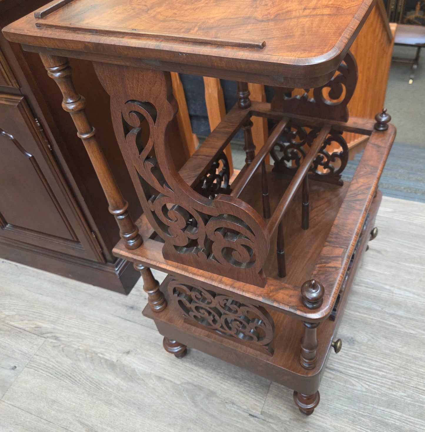 Victorian Canterbury stand, burled walnut