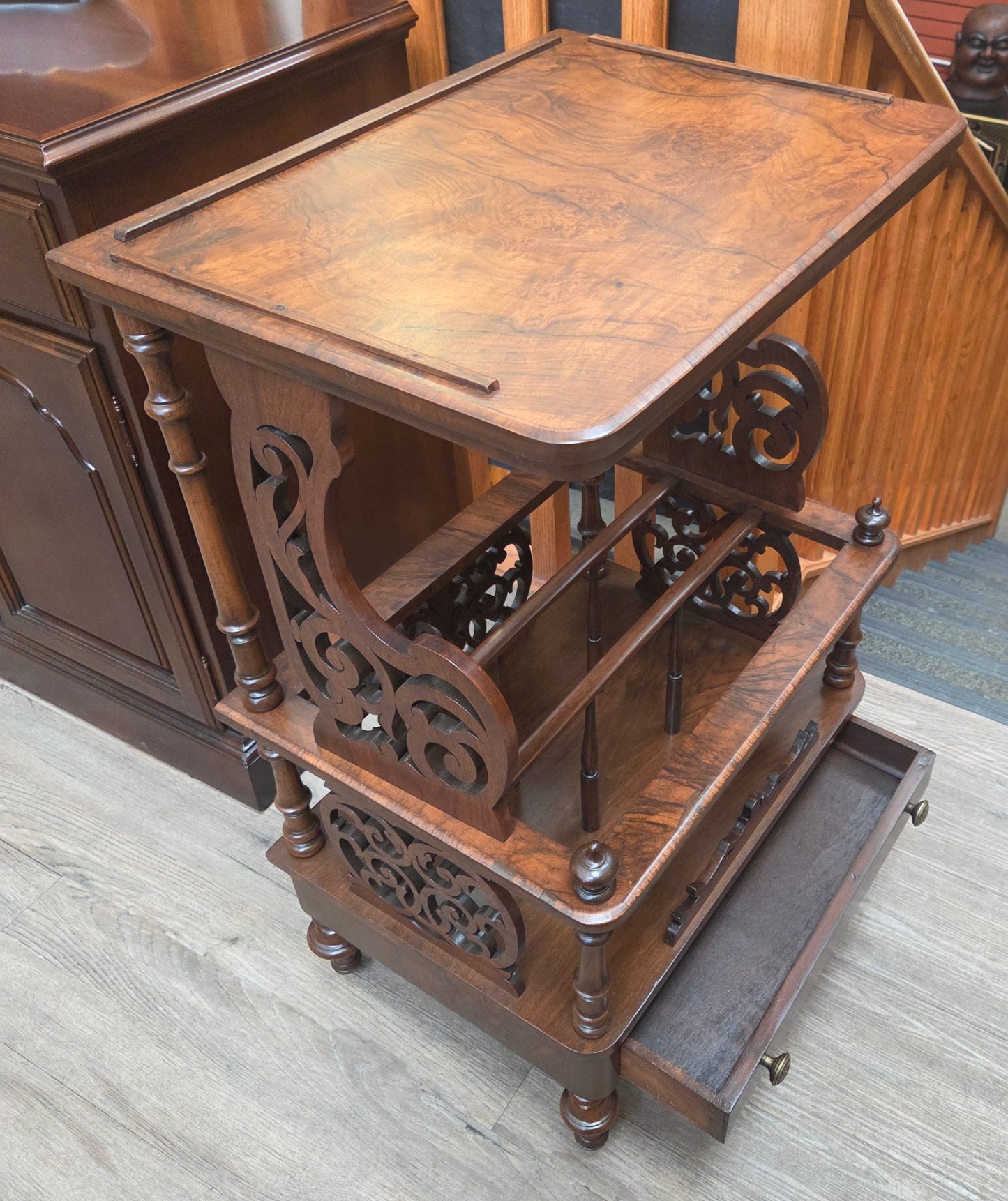 Victorian Canterbury stand, burled walnut