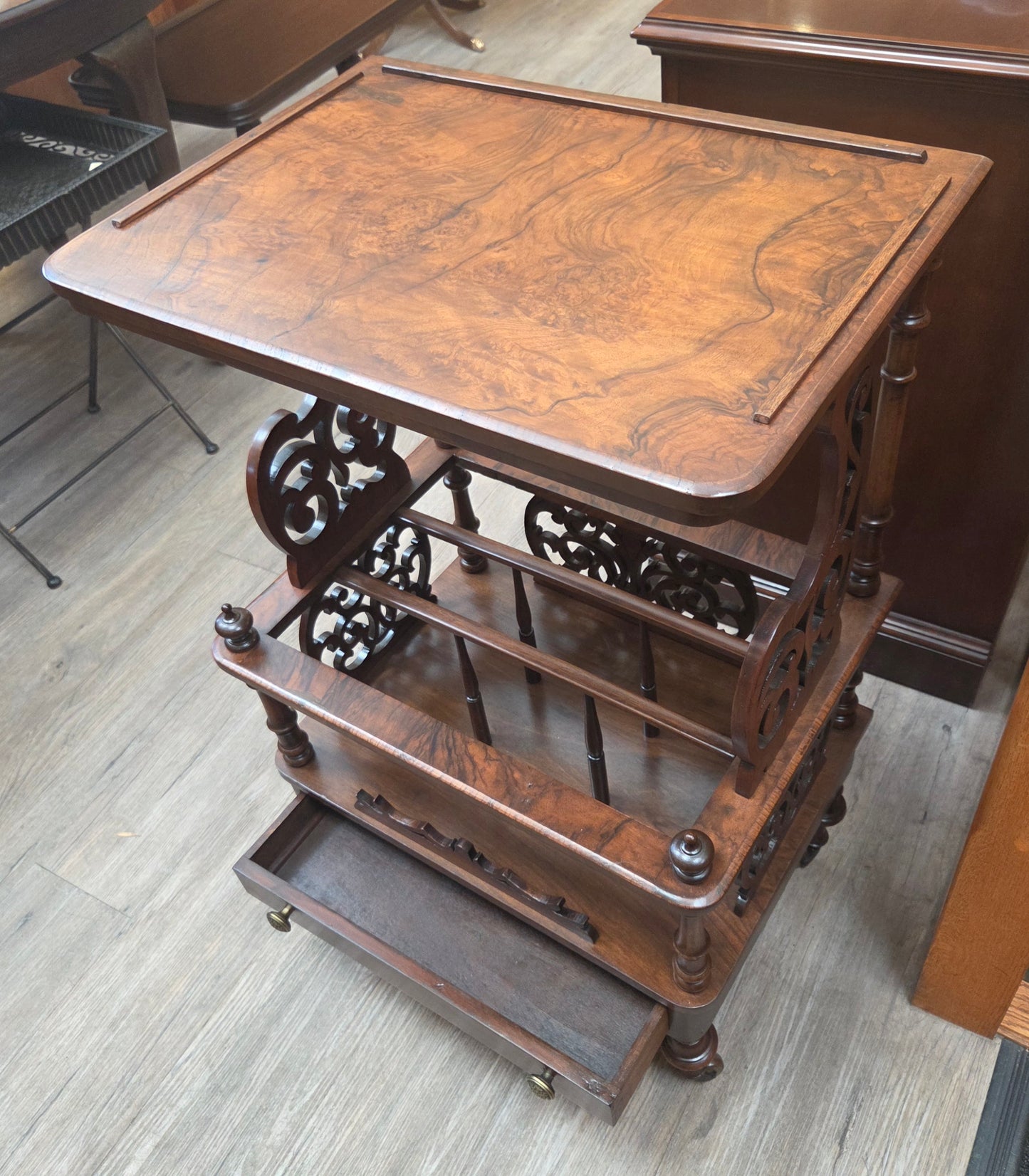 Victorian Canterbury stand, burled walnut