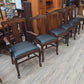 Set of 6 oak dining chairs, black leather seats