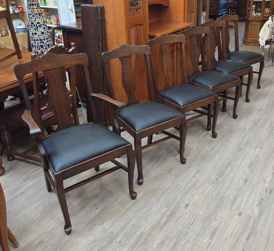 Set of 6 oak dining chairs, black leather seats