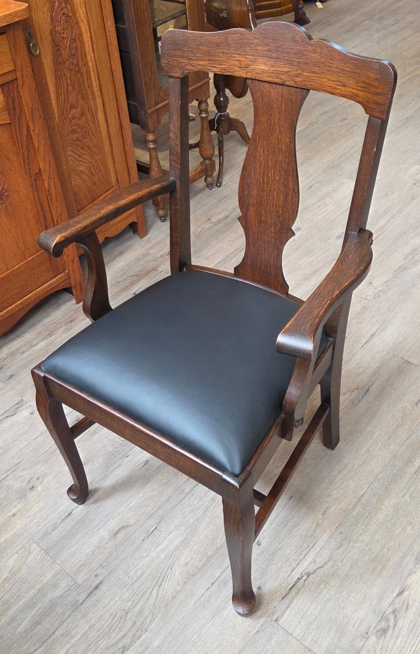 Set of 6 oak dining chairs, black leather seats