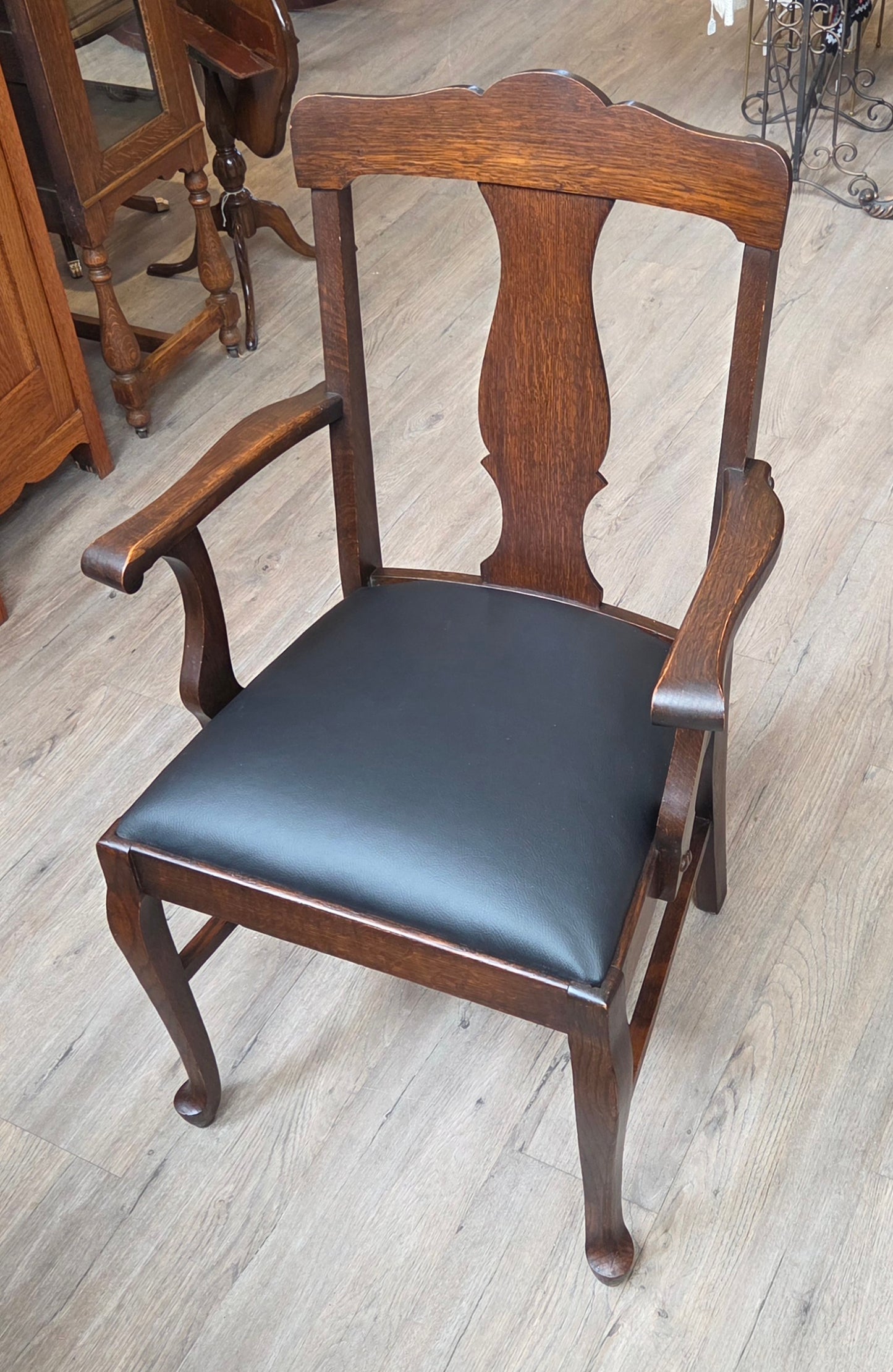 Set of 6 oak dining chairs, black leather seats