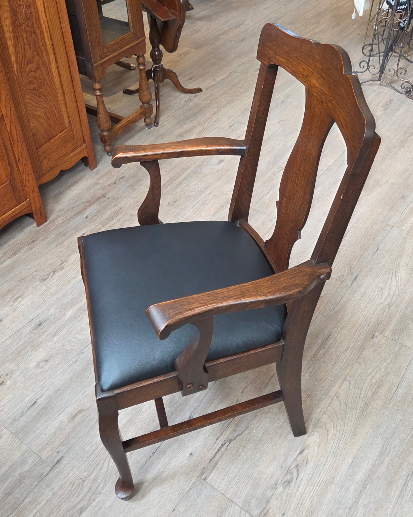 Set of 6 oak dining chairs, black leather seats