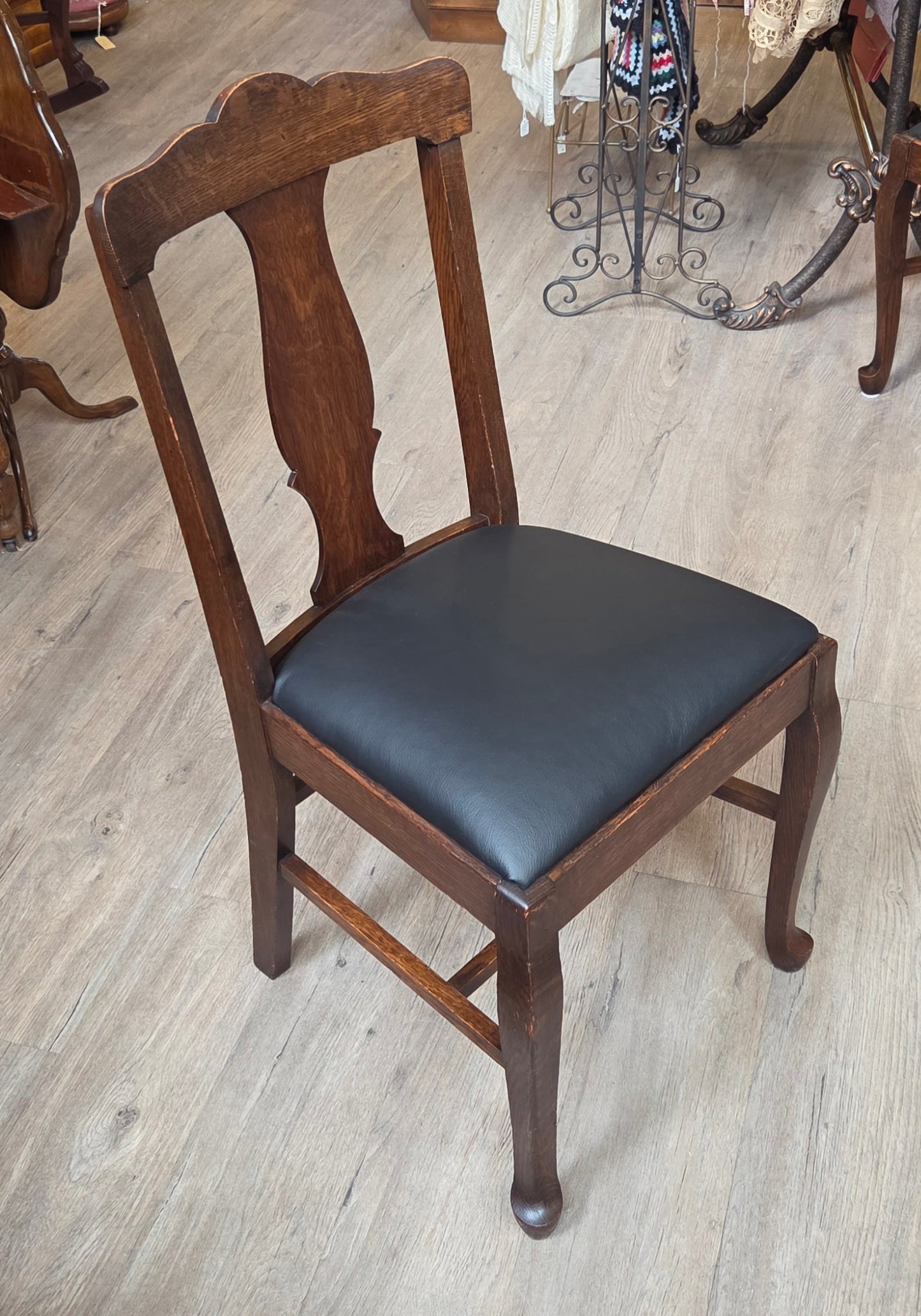 Set of 6 oak dining chairs, black leather seats