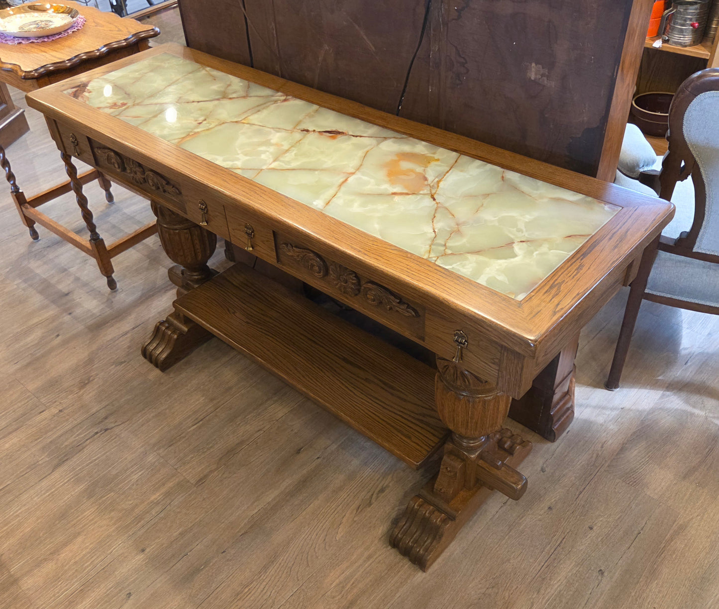 Oak console/hall table with inset marble/stone top