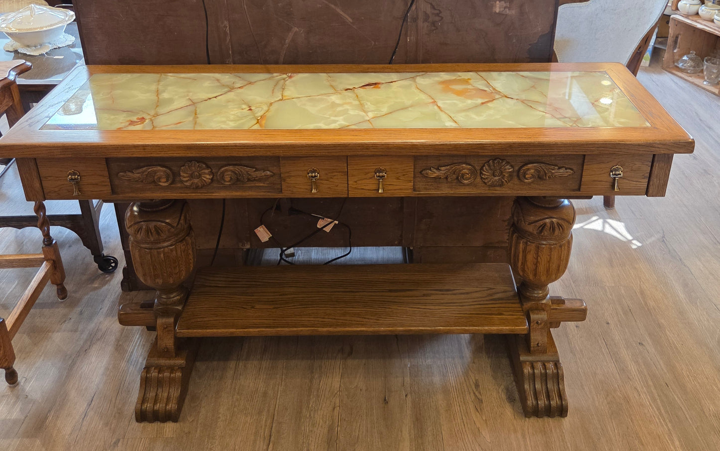 Oak console/hall table with inset marble/stone top