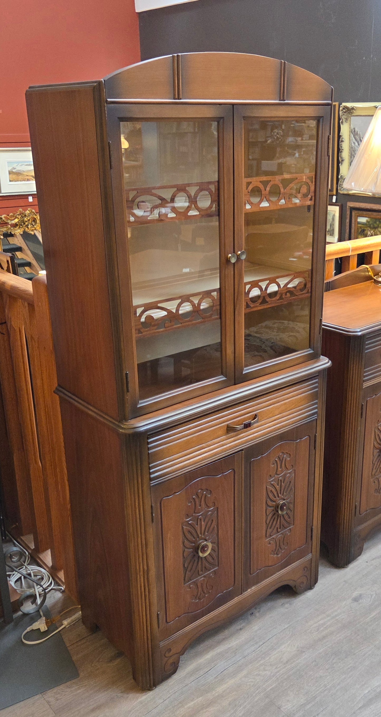 Walnut china cabinet, bakelite handles