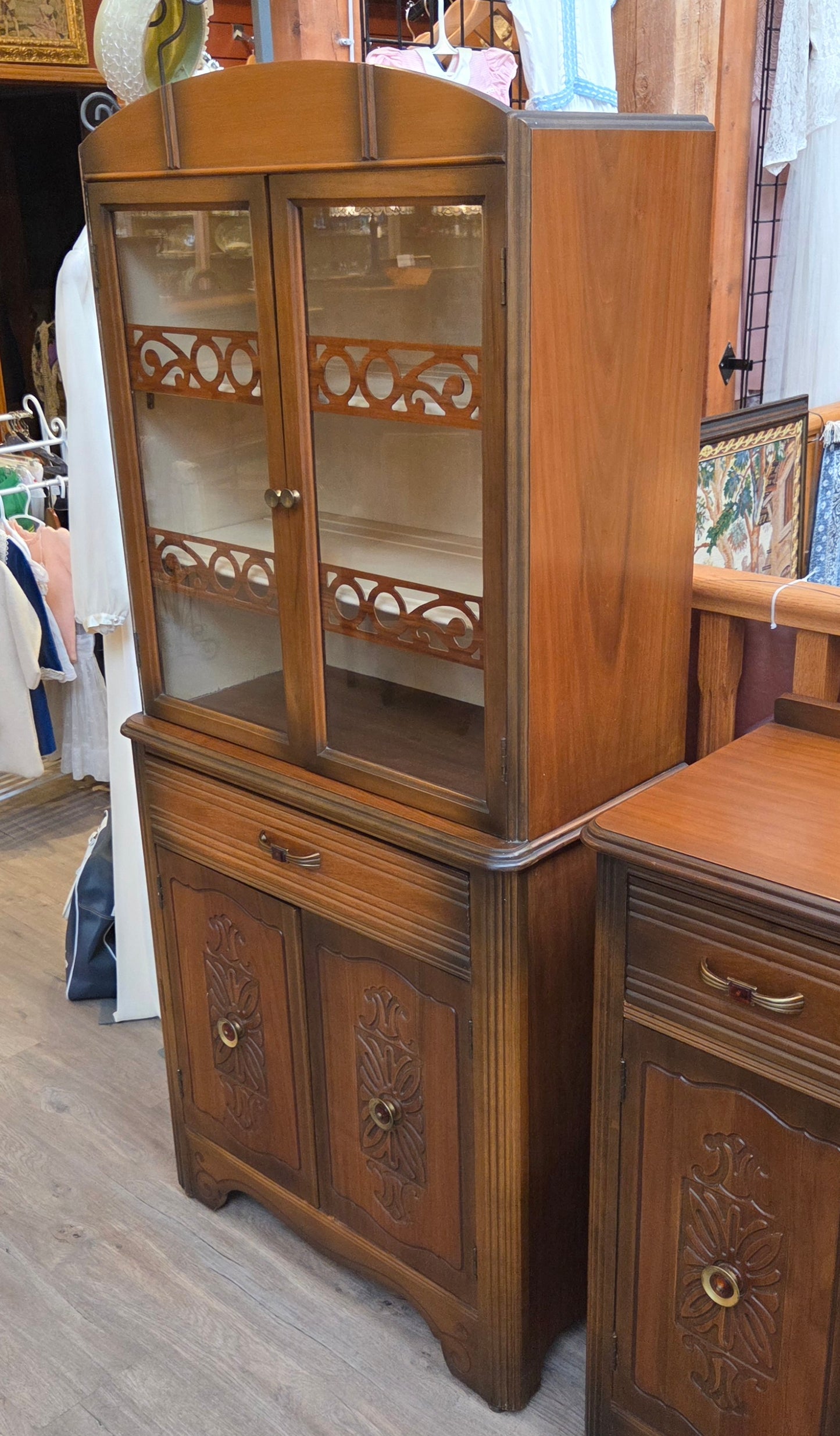 Walnut china cabinet, bakelite handles