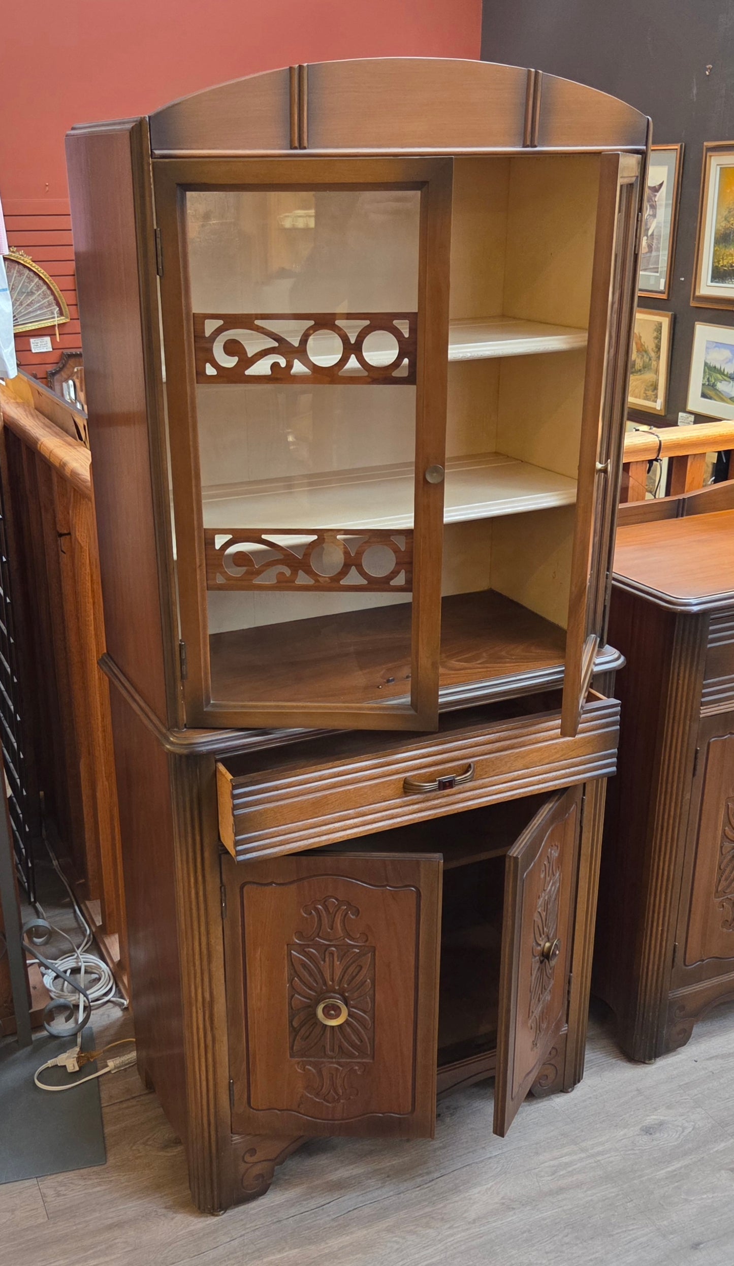 Walnut china cabinet, bakelite handles