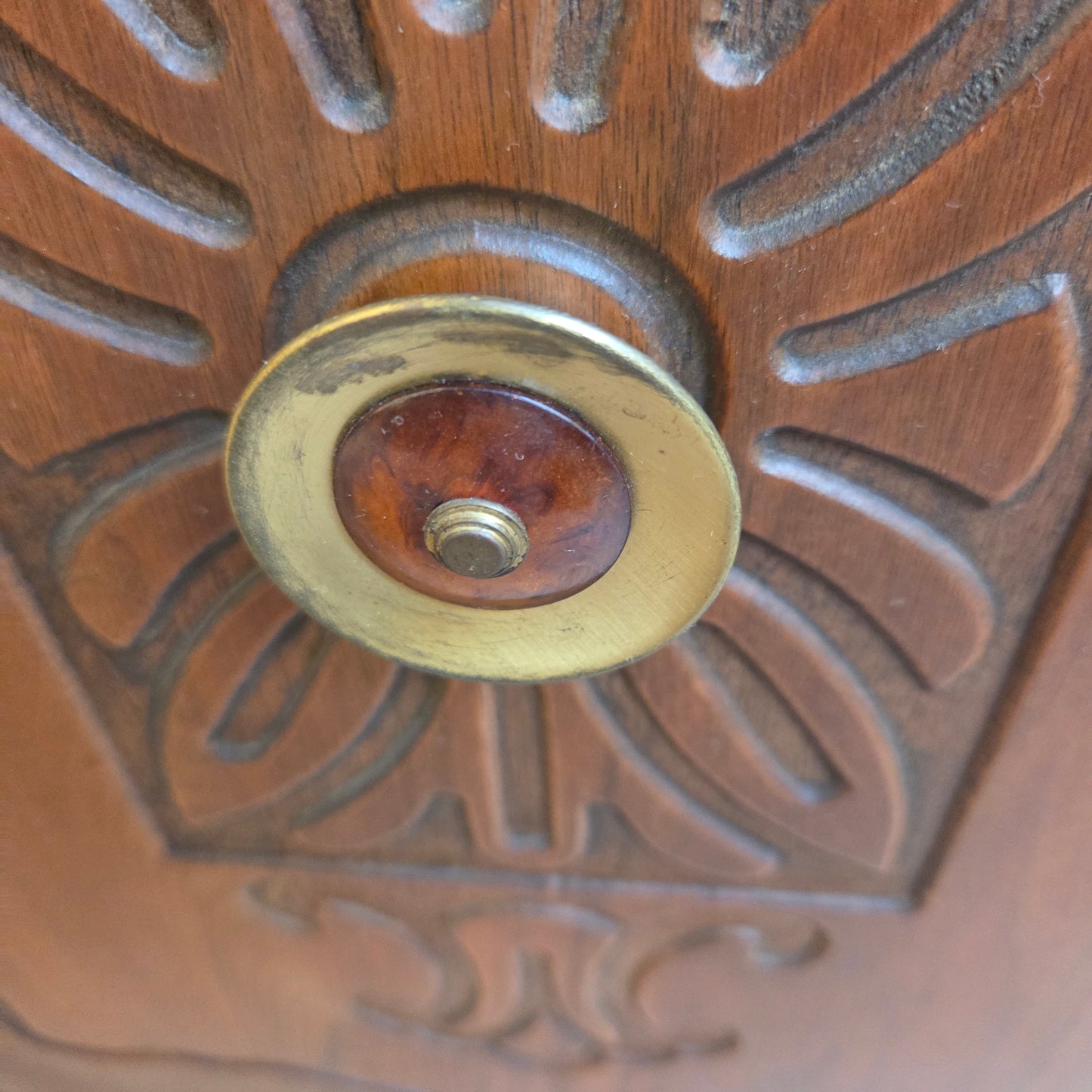 Walnut china cabinet, bakelite handles