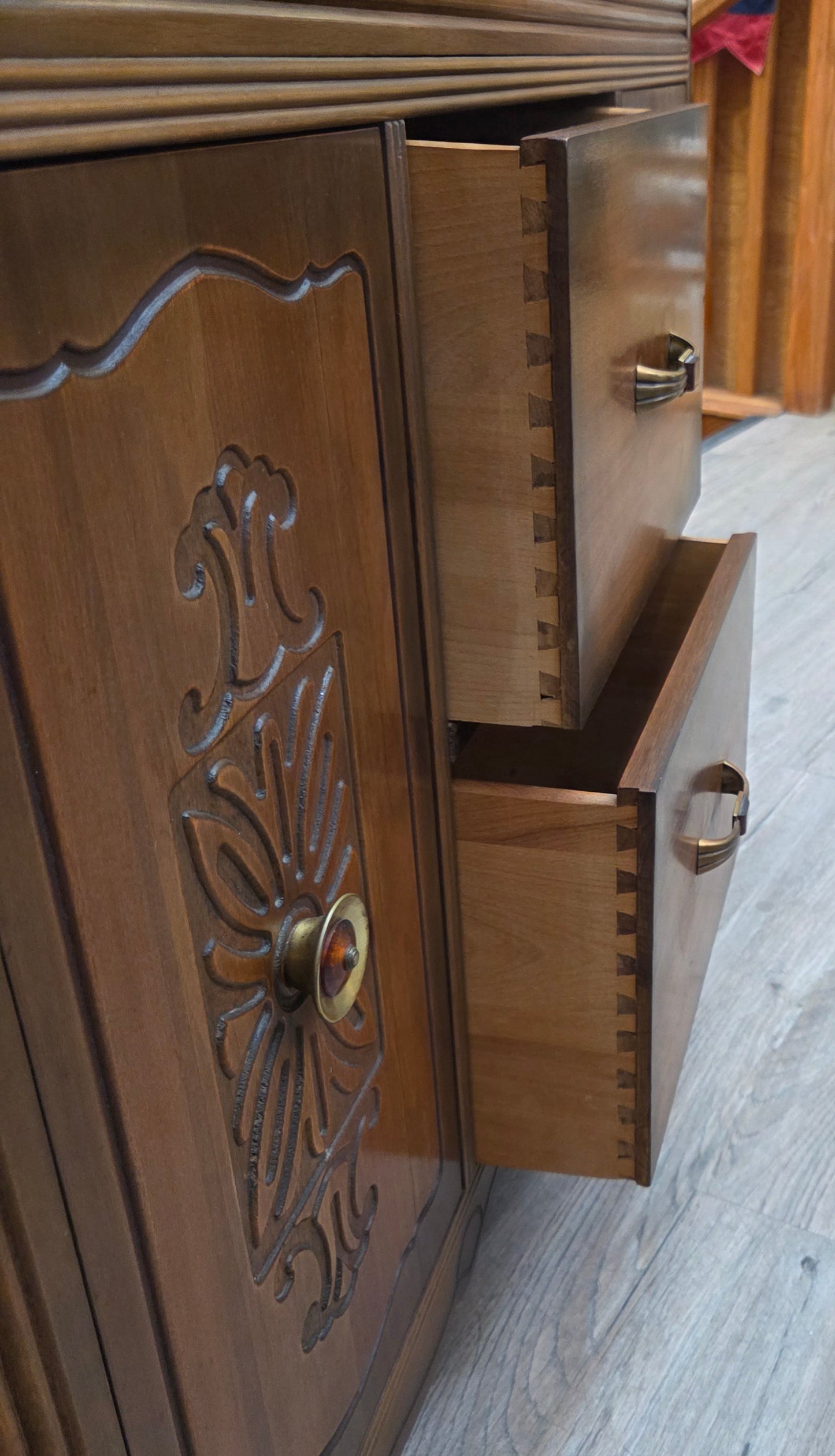 Walnut sideboard, bakelite handles